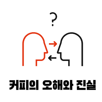 두 사람이 오해와 진실을 이야기하는 이미지로 커피에 대한 오해를 푸는 모습입니다.